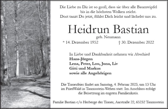 Traueranzeige von Heidrun Bastian von Wiesbadener Kurier gesamt