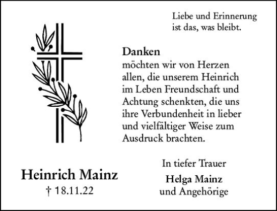 Traueranzeige von Heinrich Mainz von Starkenburger Echo