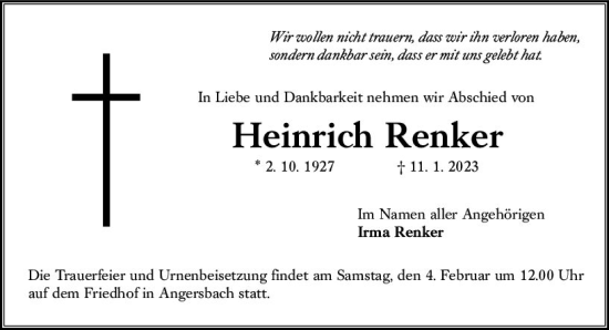 Traueranzeige von Heinrich Renker von VRM Trauer