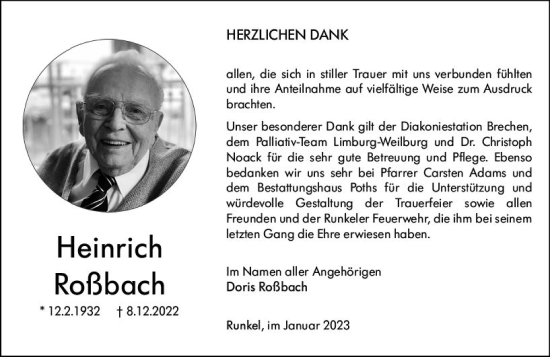 Traueranzeige von Heinrich Roßbach von Nassauische Neue Presse