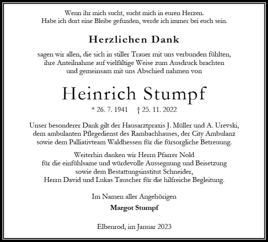 Traueranzeige von Heinrich Stumpf von OK Oberhessen Kurier