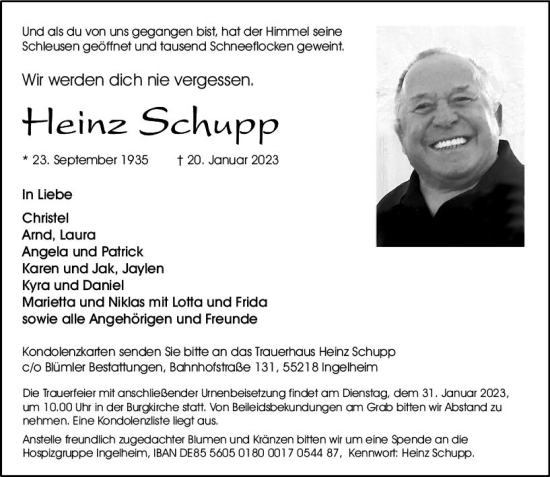 Traueranzeige von Heinz Schupp von Allgemeine Zeitung Ingelheim-Bingen