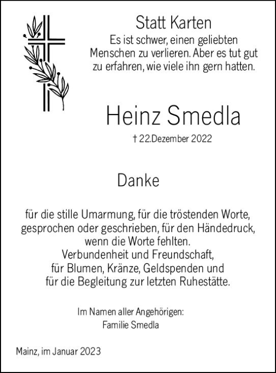 Traueranzeige von Heinz Smelda von Allgemeine Zeitung Mainz
