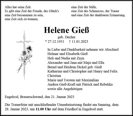Traueranzeige von Helene Gieß von OK Oberhessen Kurier