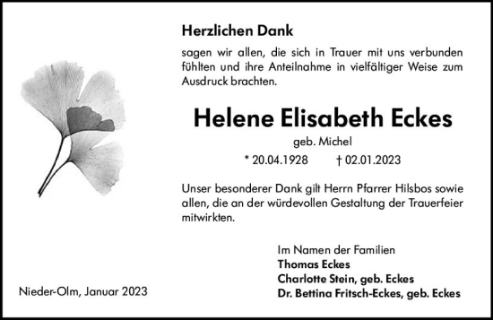 Traueranzeige von Helene Elisabeth Eckes von Allgemeine Zeitung Ingelheim-Bingen