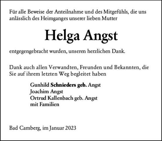 Traueranzeige von Helga Angst von Camberger Anzeiger