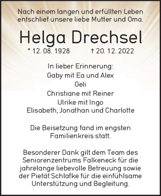 Traueranzeige von Helga Drechsel von Wetzlarer Neue Zeitung