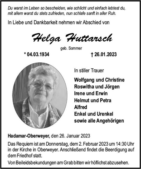 Traueranzeige von Helga Huttarsch von Nassauische Neue Presse