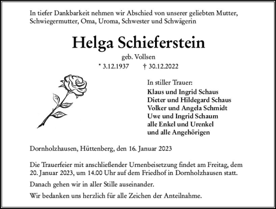 Traueranzeige von Helga Schieferstein von Wetzlarer Neue Zeitung