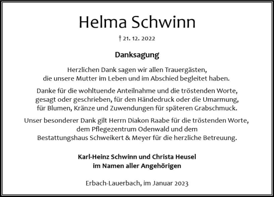 Traueranzeige von Helma Schwinn von Odenwälder Echo