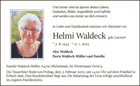 Traueranzeige von Helmi Waldeck von Odenwälder Echo