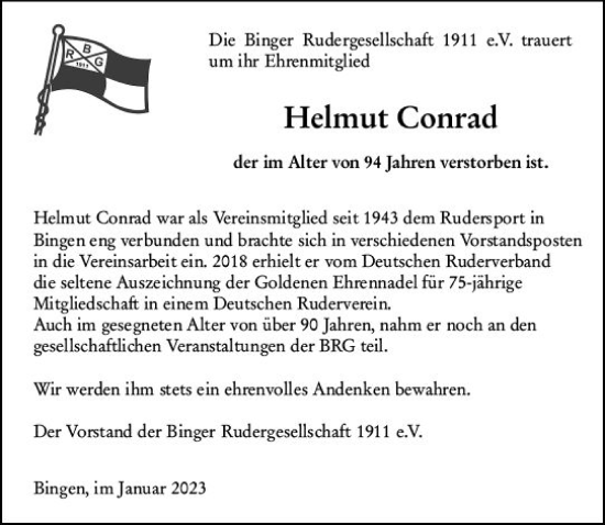 Traueranzeige von Helmut Conrad von Bingen/Ingelheim Wochenblatt inkl. NBZ