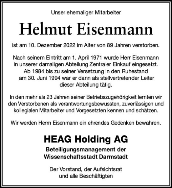 Traueranzeige von Helmut Eisenmann von Darmstädter Echo