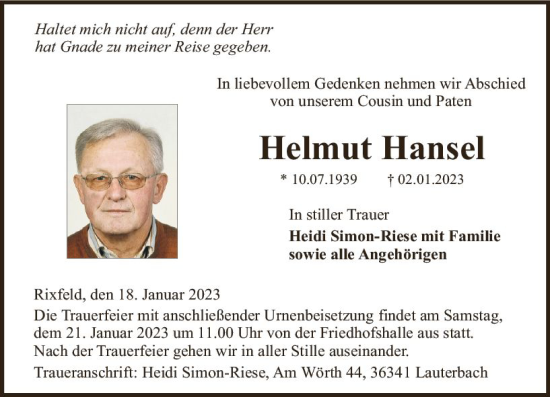 Traueranzeige von Helmut Hansel von VRM Trauer