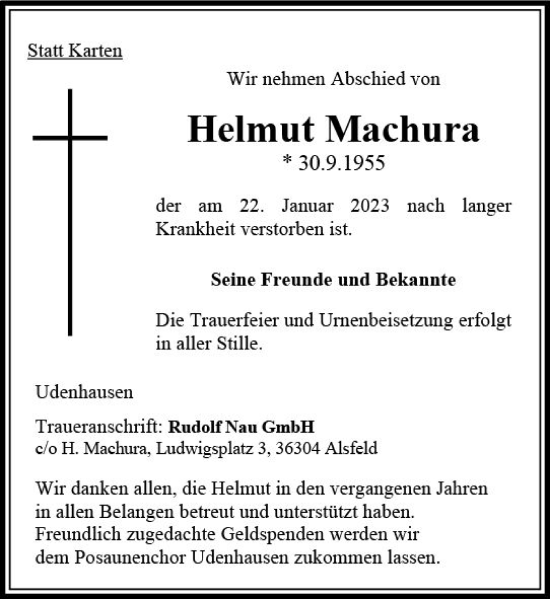 Traueranzeige von Helmut Machura von VRM Trauer