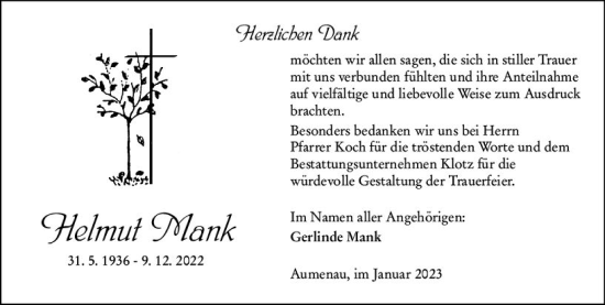 Traueranzeige von Helmut Mank von Weilburger Tageblatt