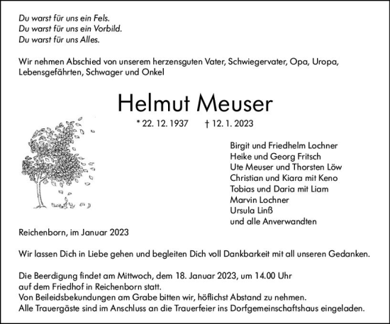 Traueranzeige von Helmut Meuser von Weilburger Tageblatt