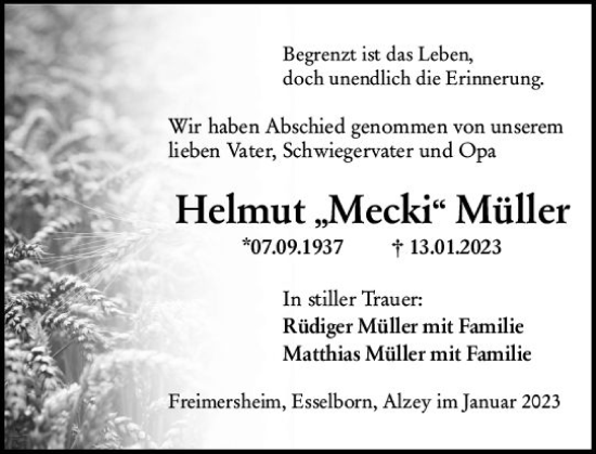 Traueranzeige von Helmut Müller von Allgemeine Zeitung Alzey
