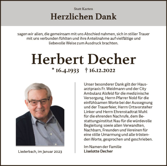 Traueranzeige von Herbert Decher von OK Oberhessen Kurier