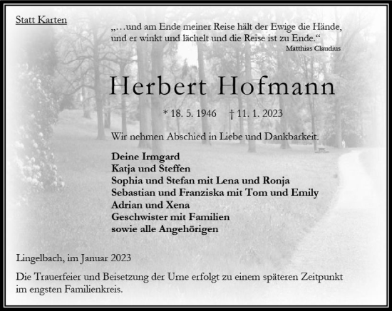 Traueranzeige von Herbert Hofmann von VRM Trauer