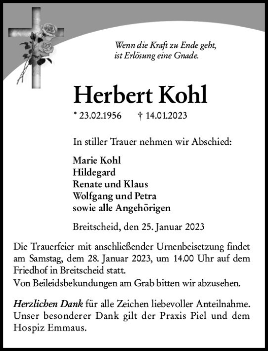 Traueranzeige von Herbert Kohl von Dill Block