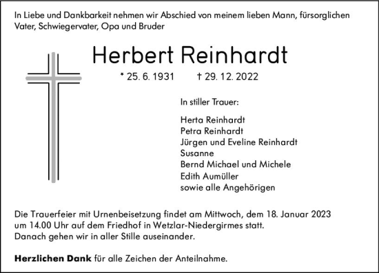 Traueranzeige von Herbert Reinhardt von Wetzlarer Neue Zeitung