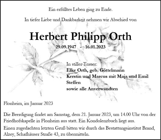 Traueranzeige von Herbert Philipp Orth von Allgemeine Zeitung Alzey
