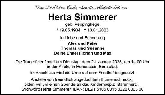 Traueranzeige von Herta Simmerer von Wiesbadener Kurier gesamt