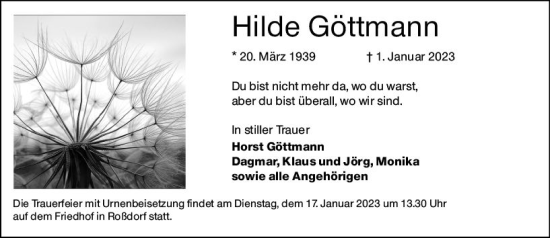 Traueranzeige von Hilde Göttmann von Darmstädter Echo