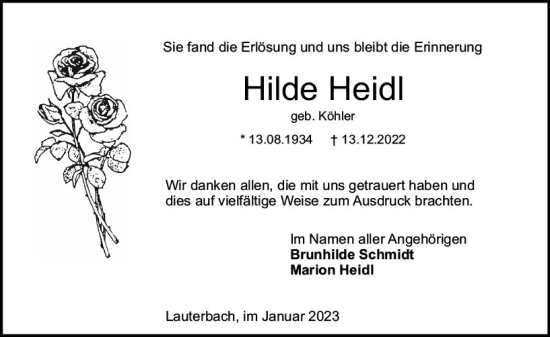 Traueranzeige von Hilde Heidl von VRM Trauer