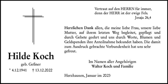 Traueranzeige von Hilde Koch von Hinterländer Anzeiger