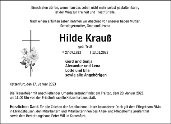 Traueranzeige von Hilde Krauß von Dill Block