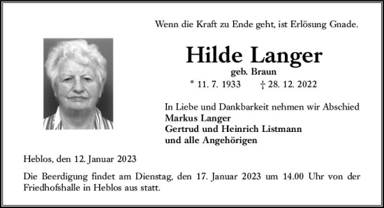 Traueranzeige von Hilde Langer von VRM Trauer