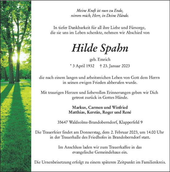 Traueranzeige von Hilde Spahn von Wetzlarer Neue Zeitung