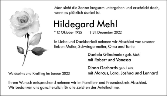 Traueranzeige von Hildegard Mehl von Wetzlarer Neue Zeitung