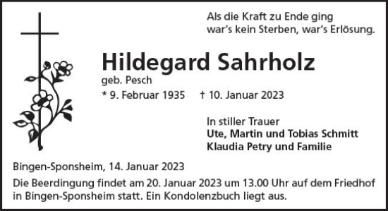 Traueranzeige von Hildegard Sahrholz von Allgemeine Zeitung Ingelheim-Bingen