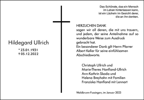 Traueranzeige von Hildegard Ullrich von Nassauische Neue Presse