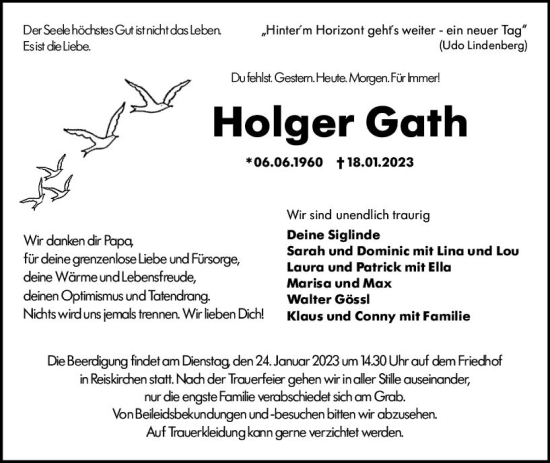 Traueranzeige von Holger Gath von Weilburger Tageblatt