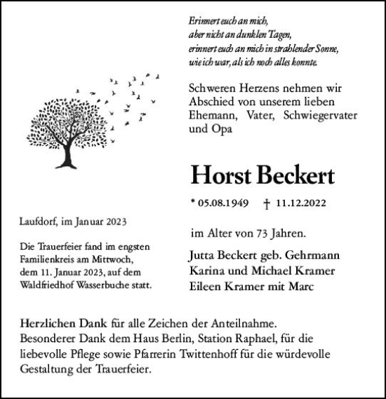 Traueranzeige von Horst Beckert von Wetzlarer Neue Zeitung