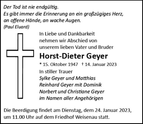 Traueranzeige von Horst-Dieter Geyer von Allgemeine Zeitung Mainz
