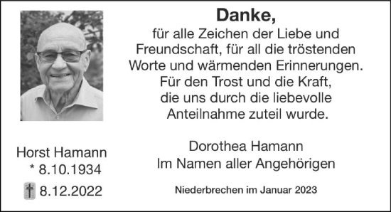 Traueranzeige von Horst Hamann von Camberger Anzeiger