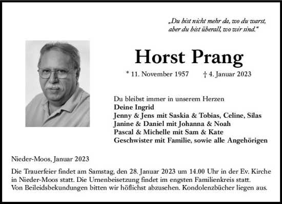 Traueranzeige von Horst Prang von VRM Trauer