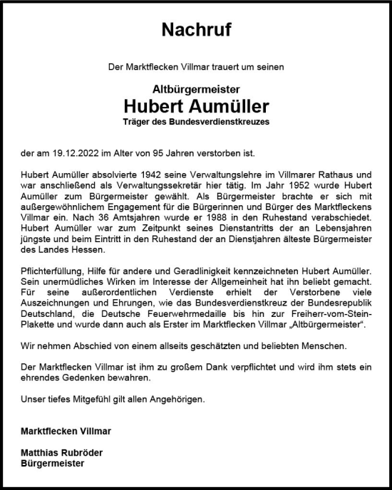 Traueranzeige von Hubert Aumüller von Nassauische Neue Presse