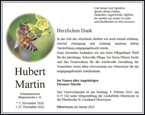 Traueranzeige von Hubert Martin von Nassauische Neue Presse