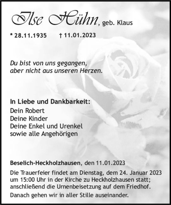 Traueranzeige von Ilse Hühn von Weilburger Tageblatt