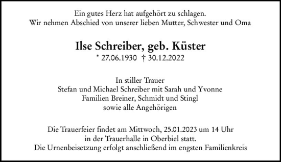 Traueranzeige von Ilse Schreiber von Wetzlarer Neue Zeitung