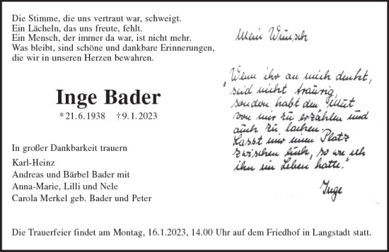 Traueranzeige von Inge Bader von Darmstädter Echo