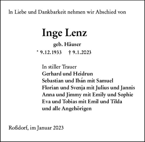 Traueranzeige von Inge Lenz von Darmstädter Echo