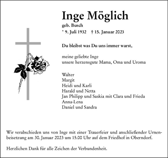 Traueranzeige von Inge Möglich von Wetzlarer Neue Zeitung