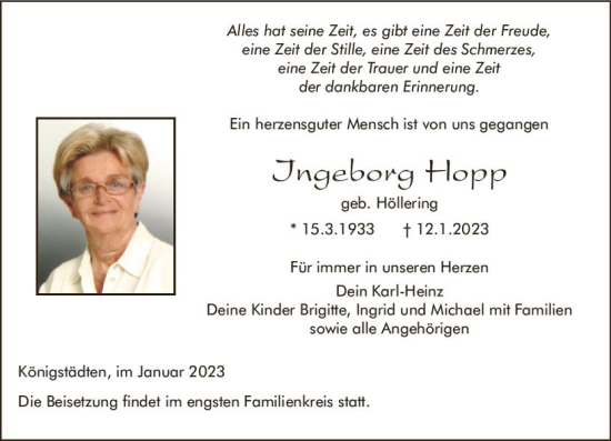 Traueranzeige von Ingeborg Hopp von Rüsselsheimer Echo